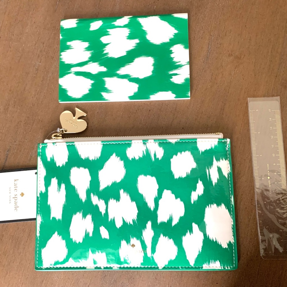 kate spade office Painterly Zebra green/white print with notebook and ruler
